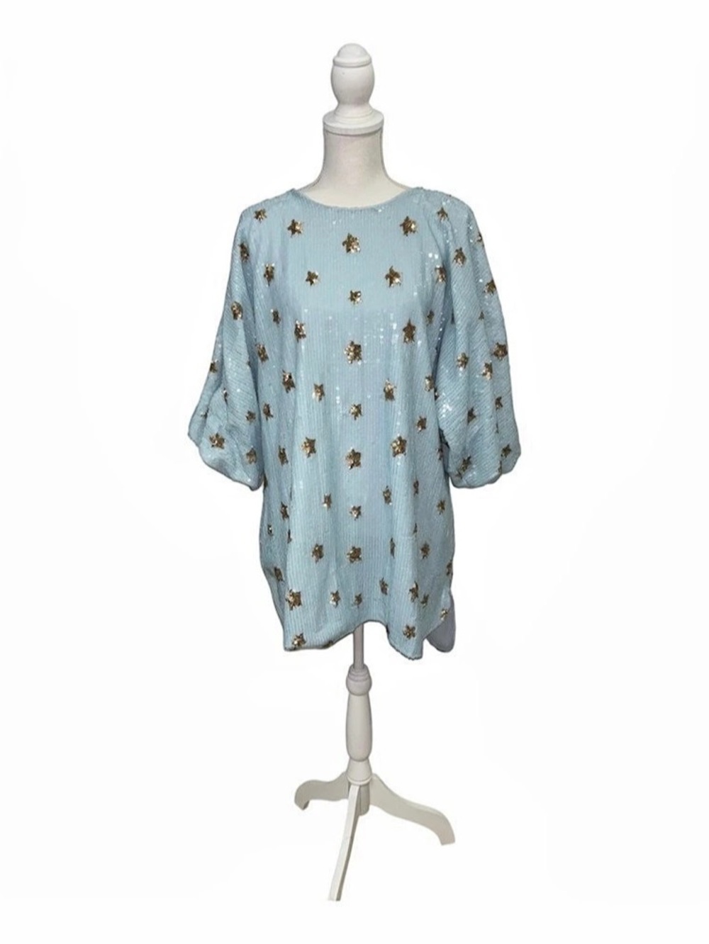 Mable Light Blue Sequin Star Mini Dress Small S Shift Tunic Balloon Sleeve $68 - Picture 2 of 6